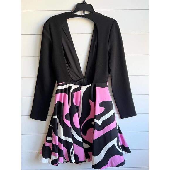 Rubber Ducky Inc. Black Pink Long Sleeve Plunge Neckline Dress Size Small USA - Picture 3 of 10